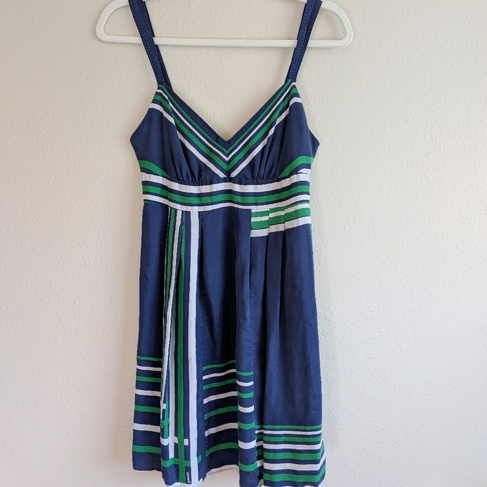 Guess 100% Silk Striped Dress in Navy, Green, and White - Size 3
